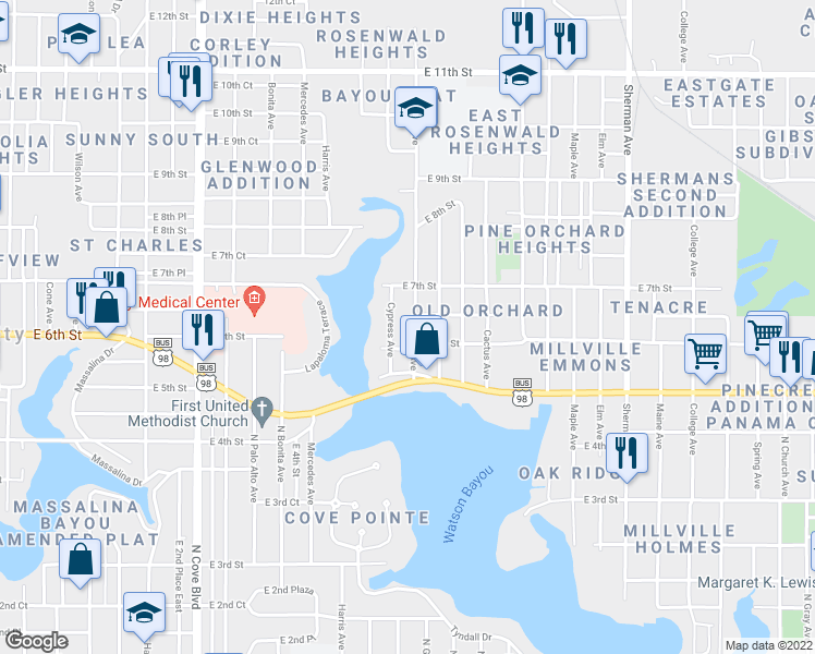 map of restaurants, bars, coffee shops, grocery stores, and more near 610 Cypress Avenue in Panama City