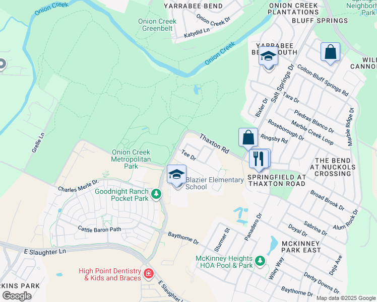 map of restaurants, bars, coffee shops, grocery stores, and more near 7821 Tee Drive in Austin