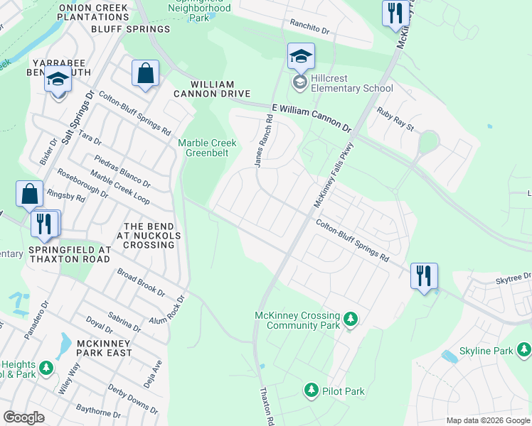 map of restaurants, bars, coffee shops, grocery stores, and more near 7601 Groundhog Way in Austin