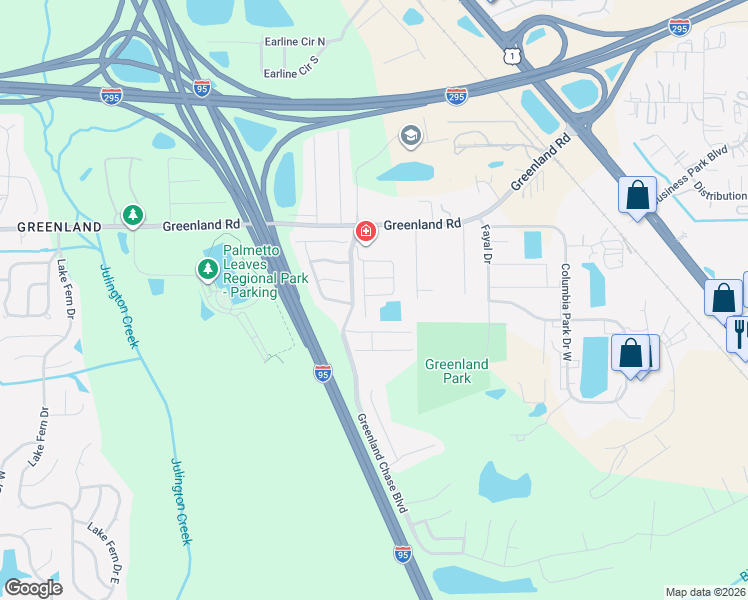 map of restaurants, bars, coffee shops, grocery stores, and more near 6100 Greenland Road in Jacksonville
