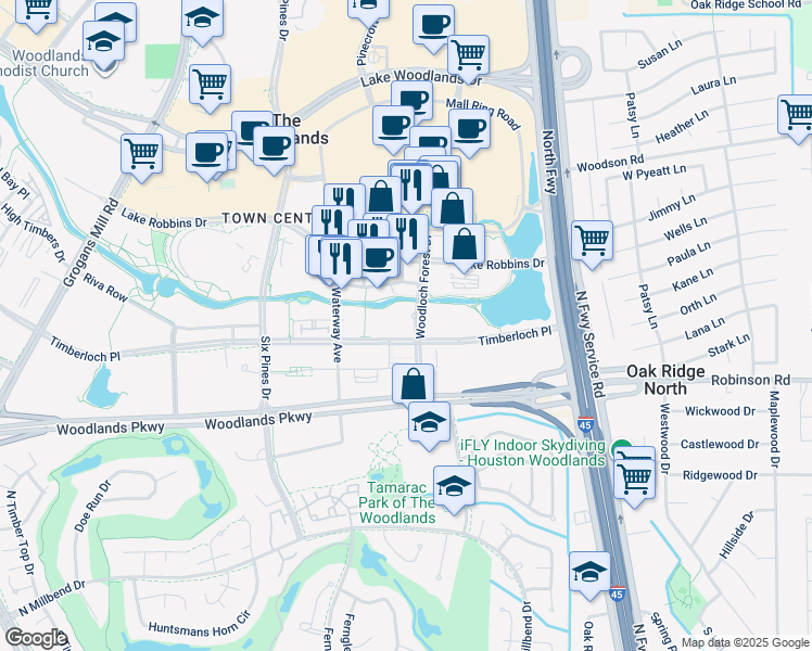 map of restaurants, bars, coffee shops, grocery stores, and more near 1472 Woodloch Forest Drive in Spring