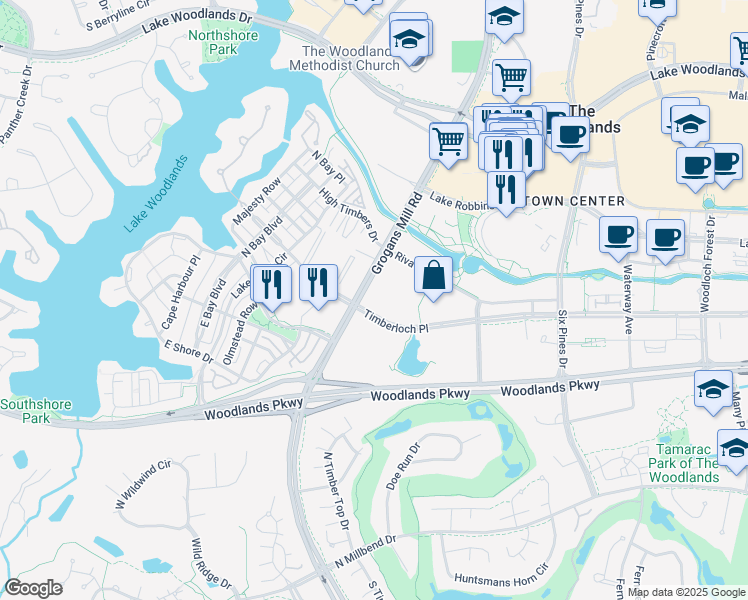 map of restaurants, bars, coffee shops, grocery stores, and more near 2204 Timberloch Place in Spring