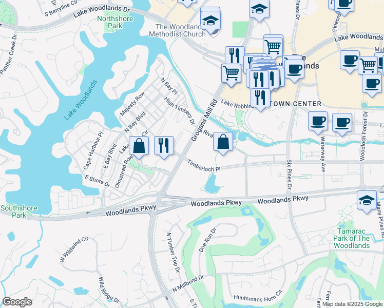 map of restaurants, bars, coffee shops, grocery stores, and more near 2204 Timberloch Place in Spring