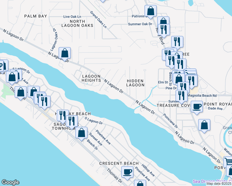 map of restaurants, bars, coffee shops, grocery stores, and more near 6901 North Lagoon Drive in Panama City