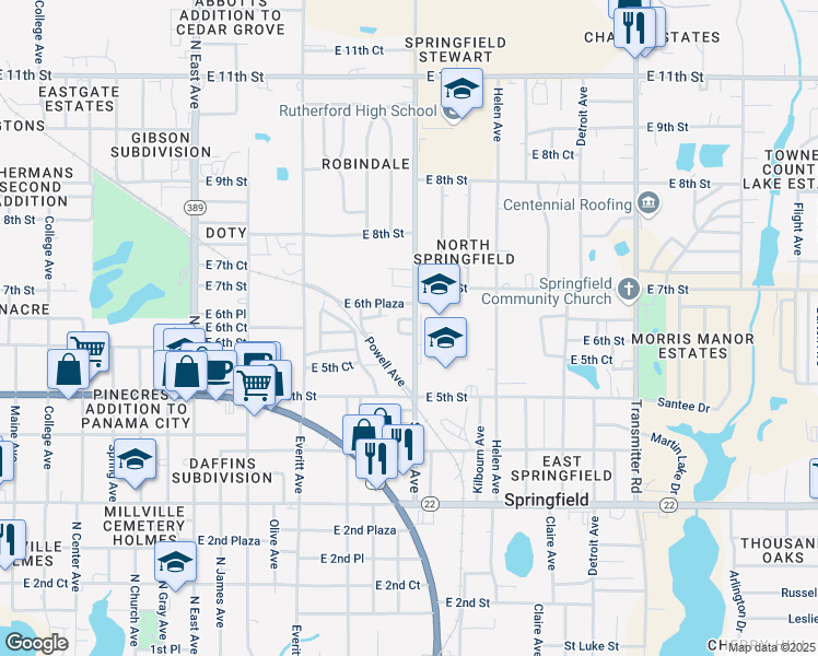 map of restaurants, bars, coffee shops, grocery stores, and more near 545 School Avenue in Panama City