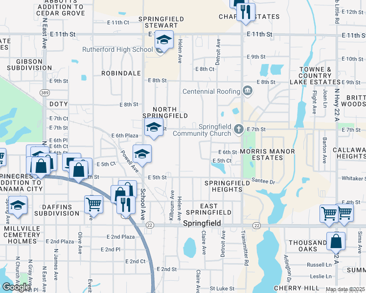 map of restaurants, bars, coffee shops, grocery stores, and more near 660 Helen Avenue in Panama City