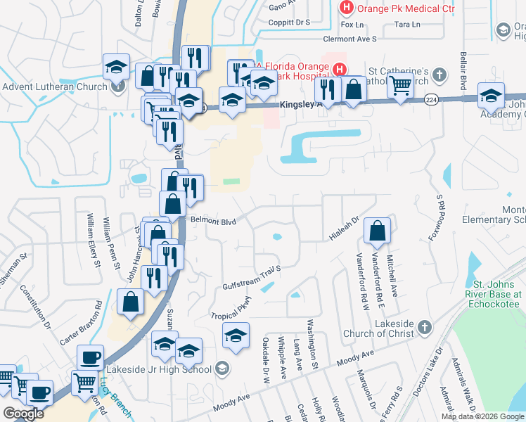 map of restaurants, bars, coffee shops, grocery stores, and more near 64 Belmont Boulevard in Orange Park