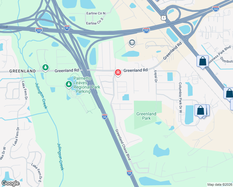 map of restaurants, bars, coffee shops, grocery stores, and more near 6100 Greenland Road in Jacksonville