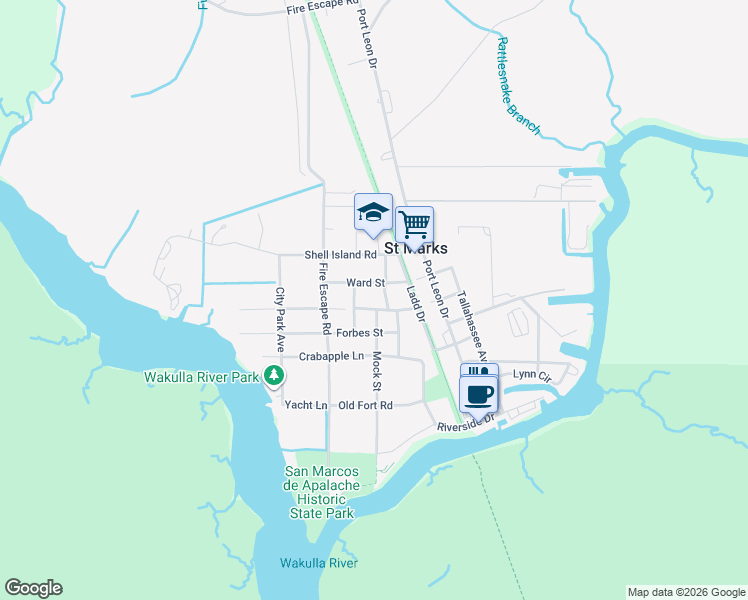 map of restaurants, bars, coffee shops, grocery stores, and more near 14 Whaley Street in Crawfordville