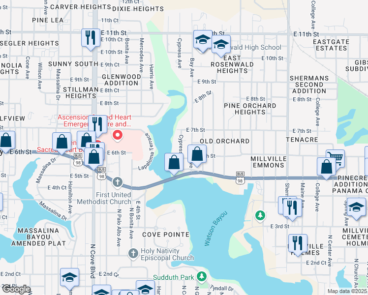 map of restaurants, bars, coffee shops, grocery stores, and more near 610 Cypress Avenue in Panama City