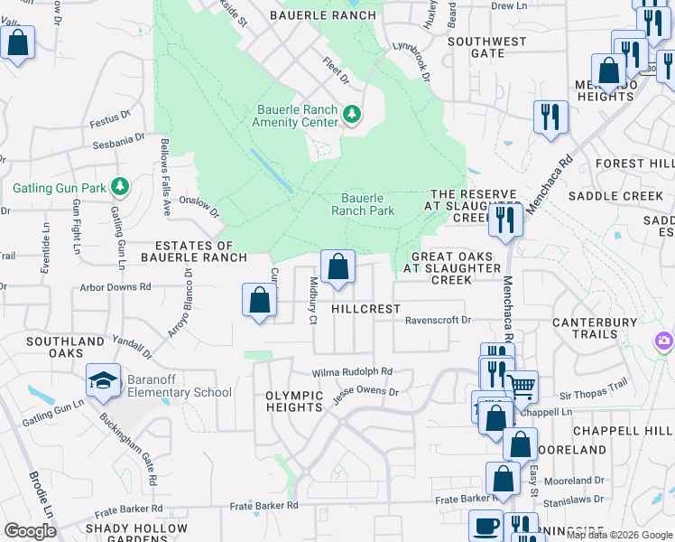 map of restaurants, bars, coffee shops, grocery stores, and more near 2504 Regal Park Lane in Austin