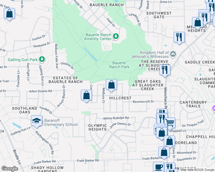 map of restaurants, bars, coffee shops, grocery stores, and more near 2504 Regal Park Lane in Austin