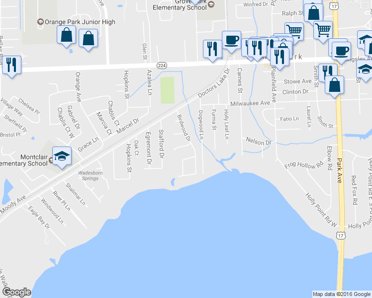 map of restaurants, bars, coffee shops, grocery stores, and more near 956 Sandpiper Lane in Orange Park