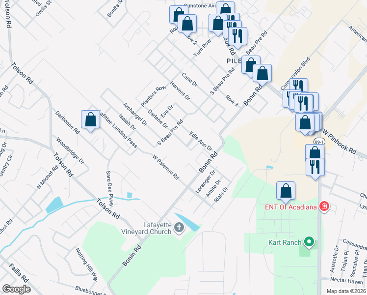 map of restaurants, bars, coffee shops, grocery stores, and more near 103 Darlene Drive in Lafayette