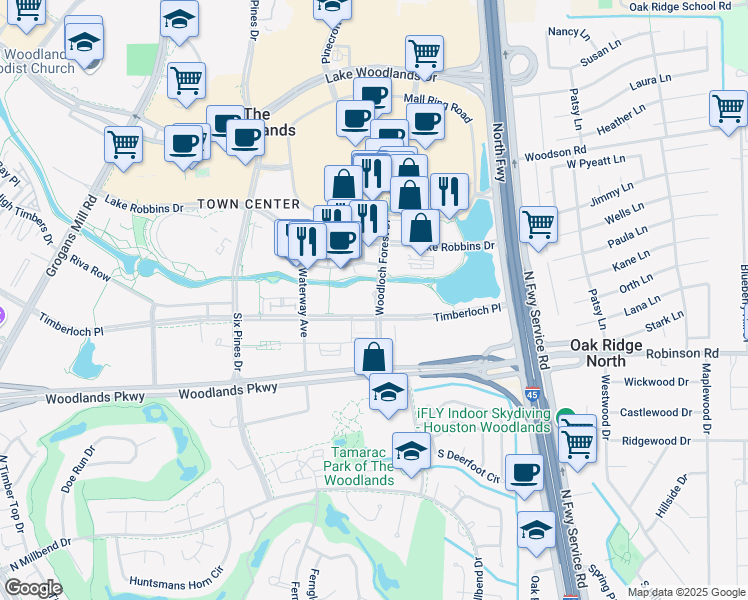 map of restaurants, bars, coffee shops, grocery stores, and more near 10001 Woodloch Forest Drive in The Woodlands
