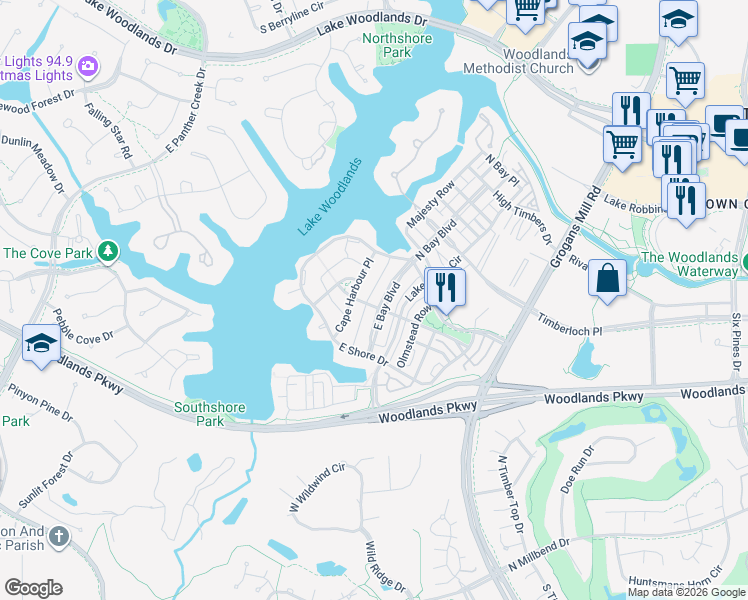 map of restaurants, bars, coffee shops, grocery stores, and more near 23 Cape Harbour Place in The Woodlands