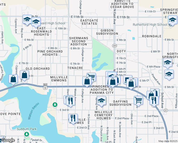 map of restaurants, bars, coffee shops, grocery stores, and more near 2312 East 6th Court in Panama City