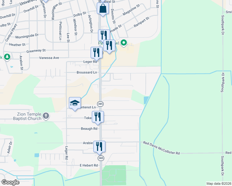 map of restaurants, bars, coffee shops, grocery stores, and more near 5617 Common St in Lake Charles