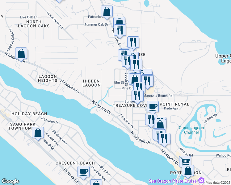 map of restaurants, bars, coffee shops, grocery stores, and more near 6404 Causeway Road in Panama City Beach