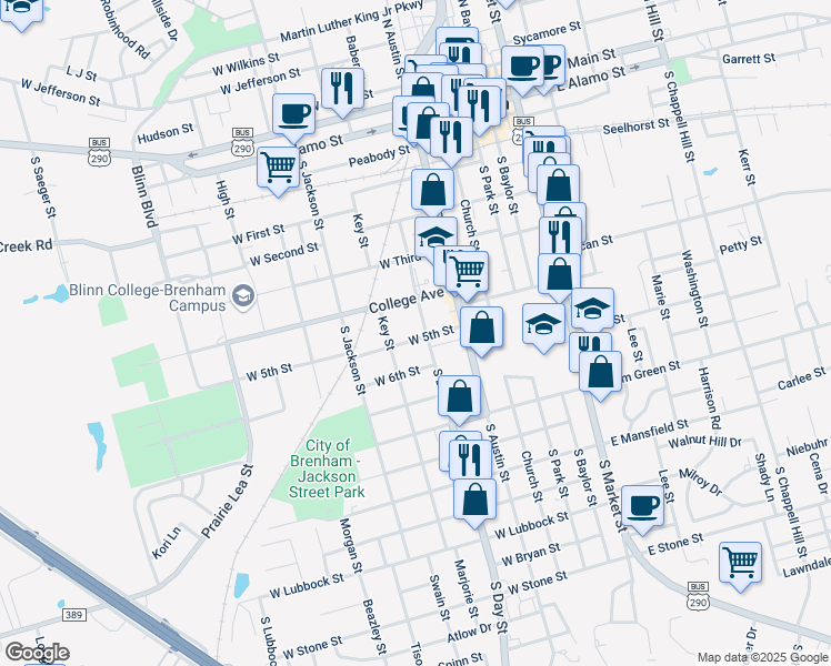 map of restaurants, bars, coffee shops, grocery stores, and more near 404 West 5th Street in Brenham