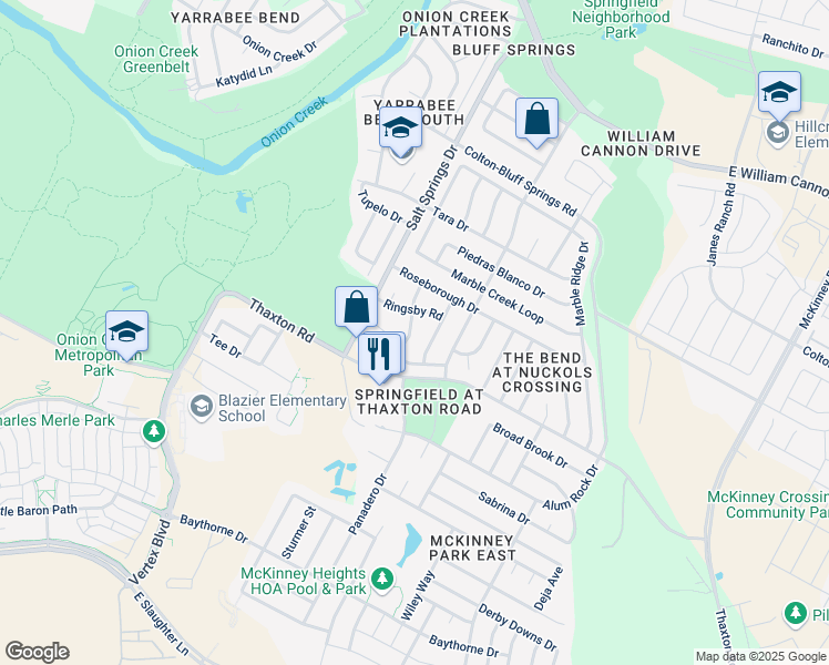 map of restaurants, bars, coffee shops, grocery stores, and more near 8011 Verbank Villa Drive in Austin