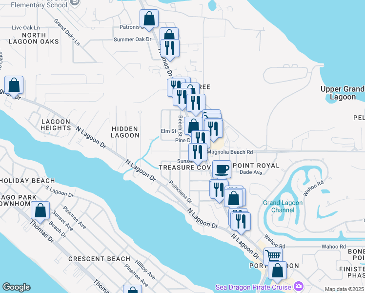 map of restaurants, bars, coffee shops, grocery stores, and more near 6312 Causeway Road in Panama City Beach
