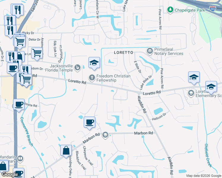 map of restaurants, bars, coffee shops, grocery stores, and more near 3508 Loretto Road in Jacksonville