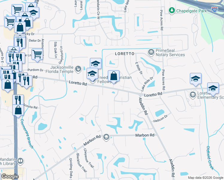 map of restaurants, bars, coffee shops, grocery stores, and more near 3508 Loretto Road in Jacksonville