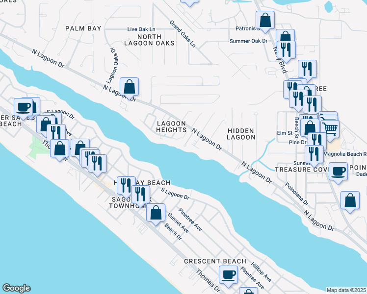 map of restaurants, bars, coffee shops, grocery stores, and more near 7009 North Lagoon Drive in Panama City Beach