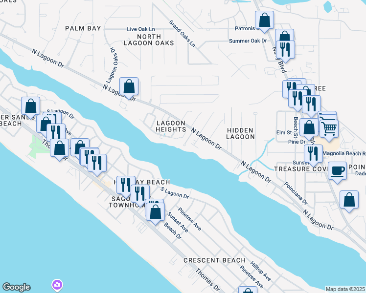 map of restaurants, bars, coffee shops, grocery stores, and more near 7009 North Lagoon Drive in Panama City Beach