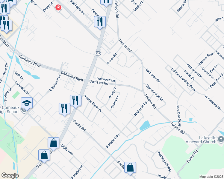 map of restaurants, bars, coffee shops, grocery stores, and more near 401 Doug Drive in Lafayette
