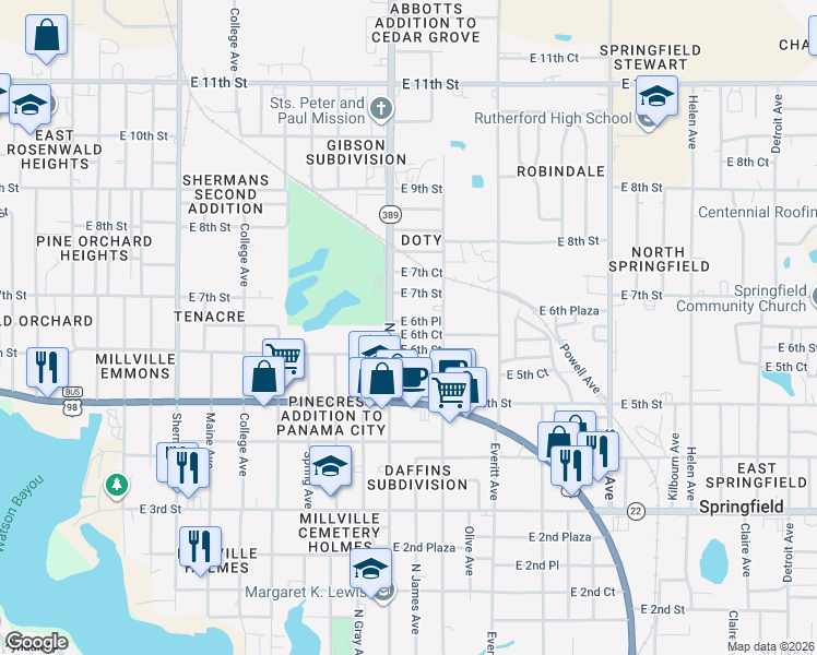 map of restaurants, bars, coffee shops, grocery stores, and more near 2711 East 6th Court in Panama City