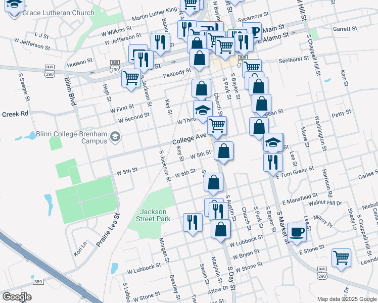 map of restaurants, bars, coffee shops, grocery stores, and more near 404 West 5th Street in Brenham