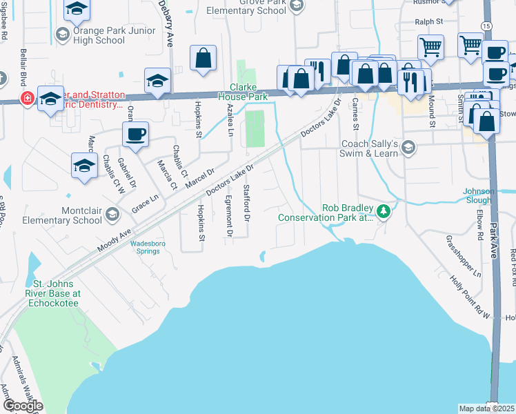map of restaurants, bars, coffee shops, grocery stores, and more near 994 Sandpiper Lane in Orange Park