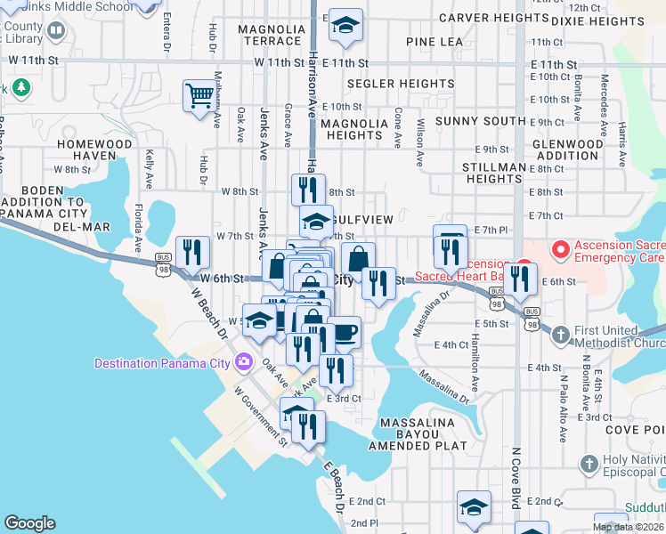map of restaurants, bars, coffee shops, grocery stores, and more near 601-699 Magnolia Ave in Panama City