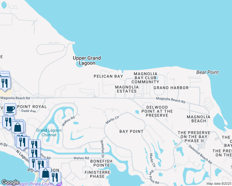 map of restaurants, bars, coffee shops, grocery stores, and more near 2529 Pelican Bay Drive in Panama City