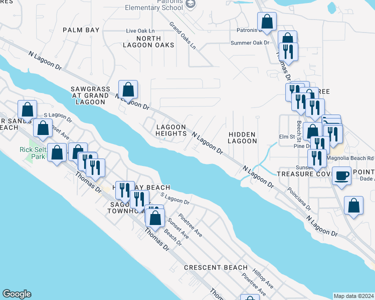 map of restaurants, bars, coffee shops, grocery stores, and more near 7009 North Lagoon Drive in Panama City