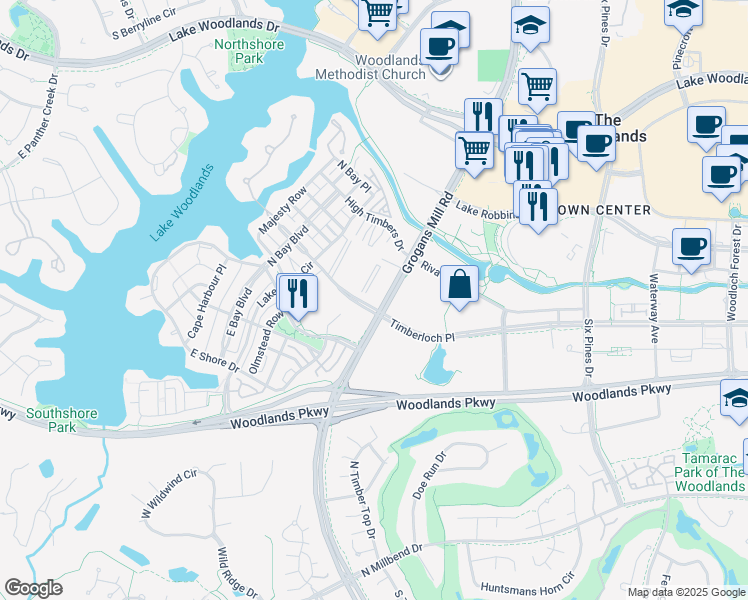 map of restaurants, bars, coffee shops, grocery stores, and more near 2204 Timberloch Place in Spring