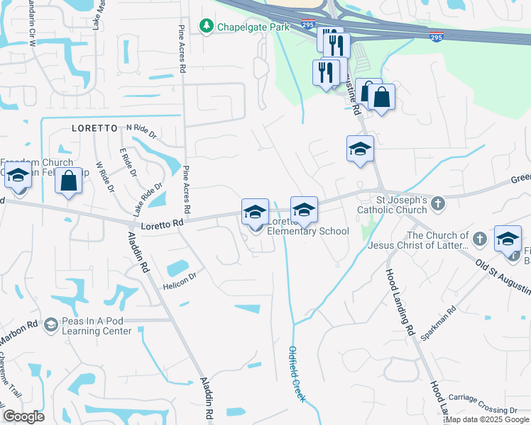 map of restaurants, bars, coffee shops, grocery stores, and more near 3900 Loretto Road in Jacksonville