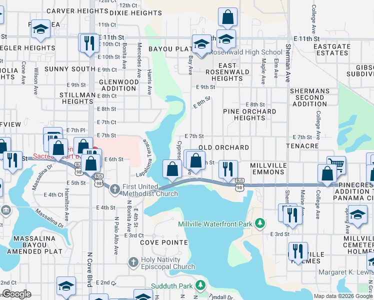 map of restaurants, bars, coffee shops, grocery stores, and more near 610 Cypress Avenue in Panama City