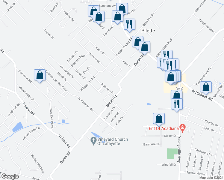 map of restaurants, bars, coffee shops, grocery stores, and more near 106 Edie Ann Drive in Lafayette