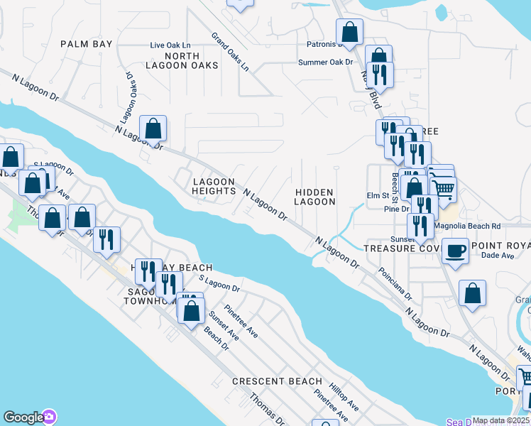 map of restaurants, bars, coffee shops, grocery stores, and more near 6903 North Lagoon Drive in Panama City