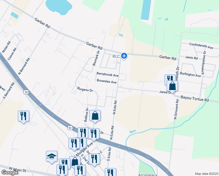 map of restaurants, bars, coffee shops, grocery stores, and more near 102 Colchester Drive in Broussard