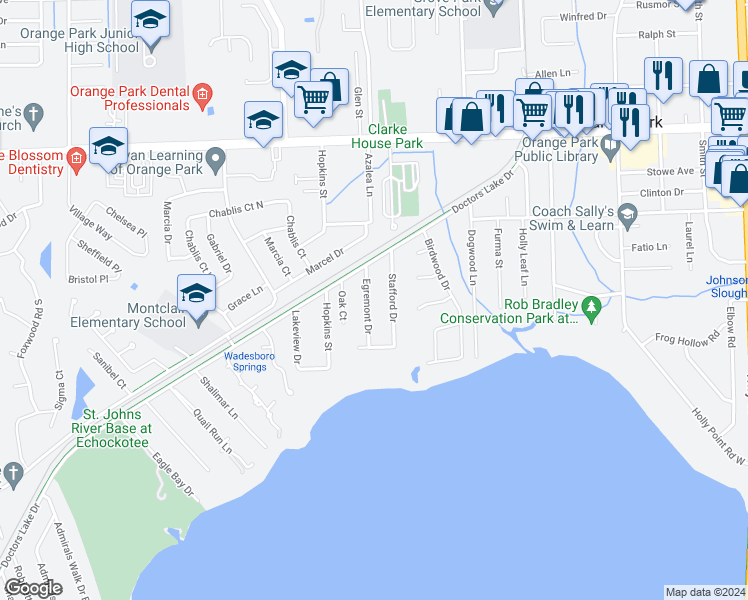 map of restaurants, bars, coffee shops, grocery stores, and more near 2341 Egremont Drive in Orange Park