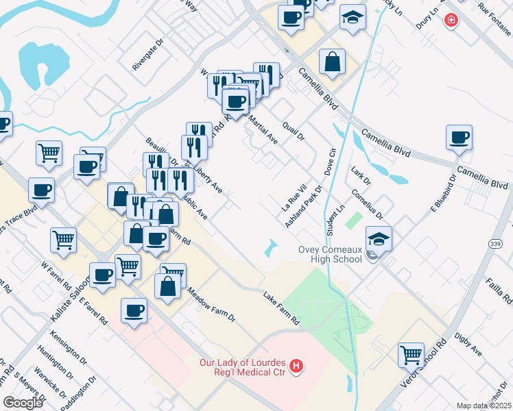 map of restaurants, bars, coffee shops, grocery stores, and more near 225 Durham Drive in Lafayette