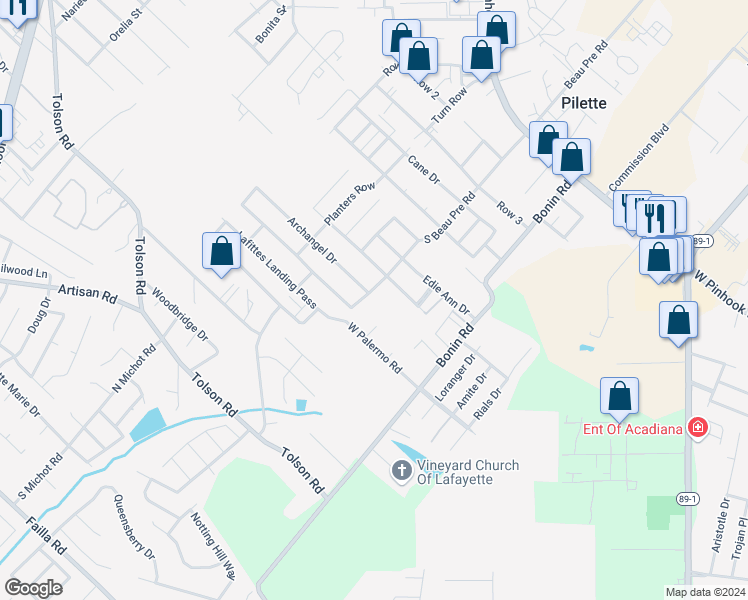 map of restaurants, bars, coffee shops, grocery stores, and more near 807 South Beau Pre Road in Lafayette