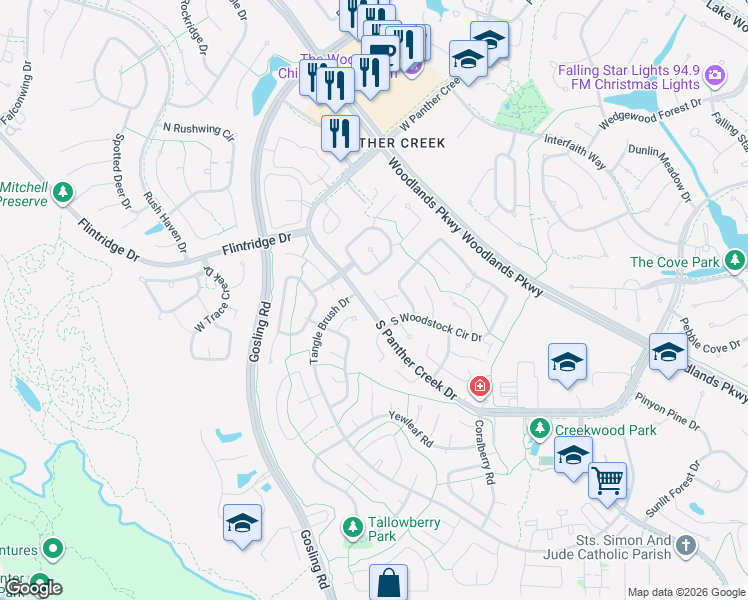 map of restaurants, bars, coffee shops, grocery stores, and more near 17 Spicebush Court in Spring
