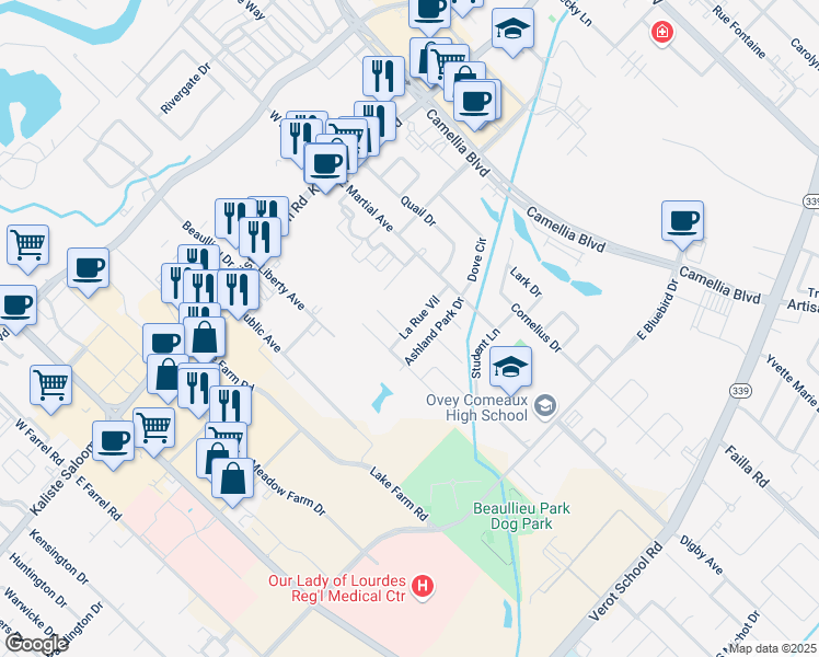 map of restaurants, bars, coffee shops, grocery stores, and more near 168 La Rue Vil in Lafayette