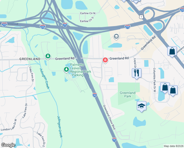 map of restaurants, bars, coffee shops, grocery stores, and more near 11802 Templeton Road in Jacksonville