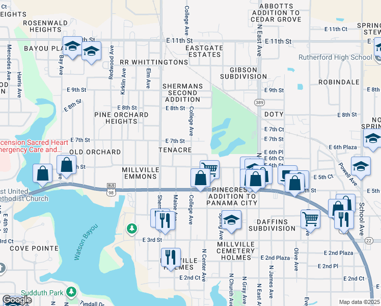 map of restaurants, bars, coffee shops, grocery stores, and more near 602 College Avenue in Panama City